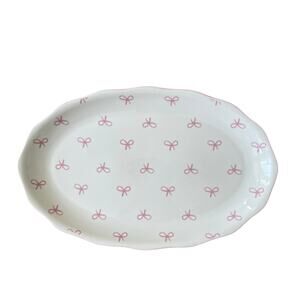 GODINGER Pink Bow Ceramic Serving Platter 14x9 White NEW